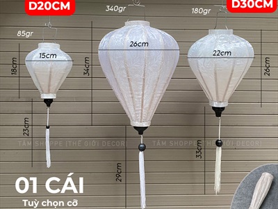 Lồng đèn vải Hội An Trắng lớn nhiều cỡ [Cao cấp - Vải gấm lụa] D20-40cm LDEN-VAI-09